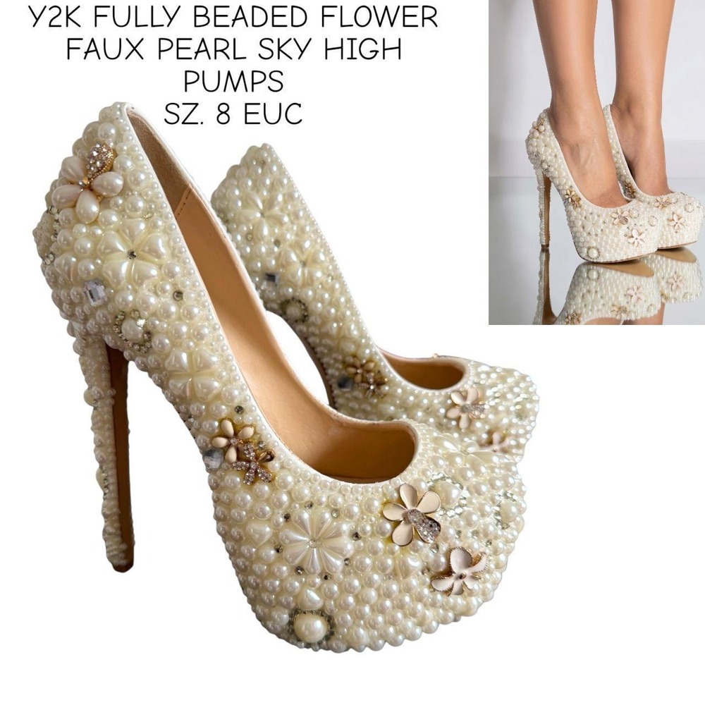 INSANE Y2K FULLY BEADED RHINESTONE FAUX PEARL PUMPS HEELS SZ. 8